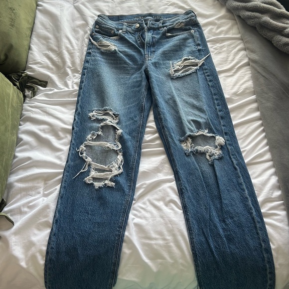 American Eagle Outfitters Ripped Blue Boyfriend Jeans - High Waisted - Picture 1 of 4